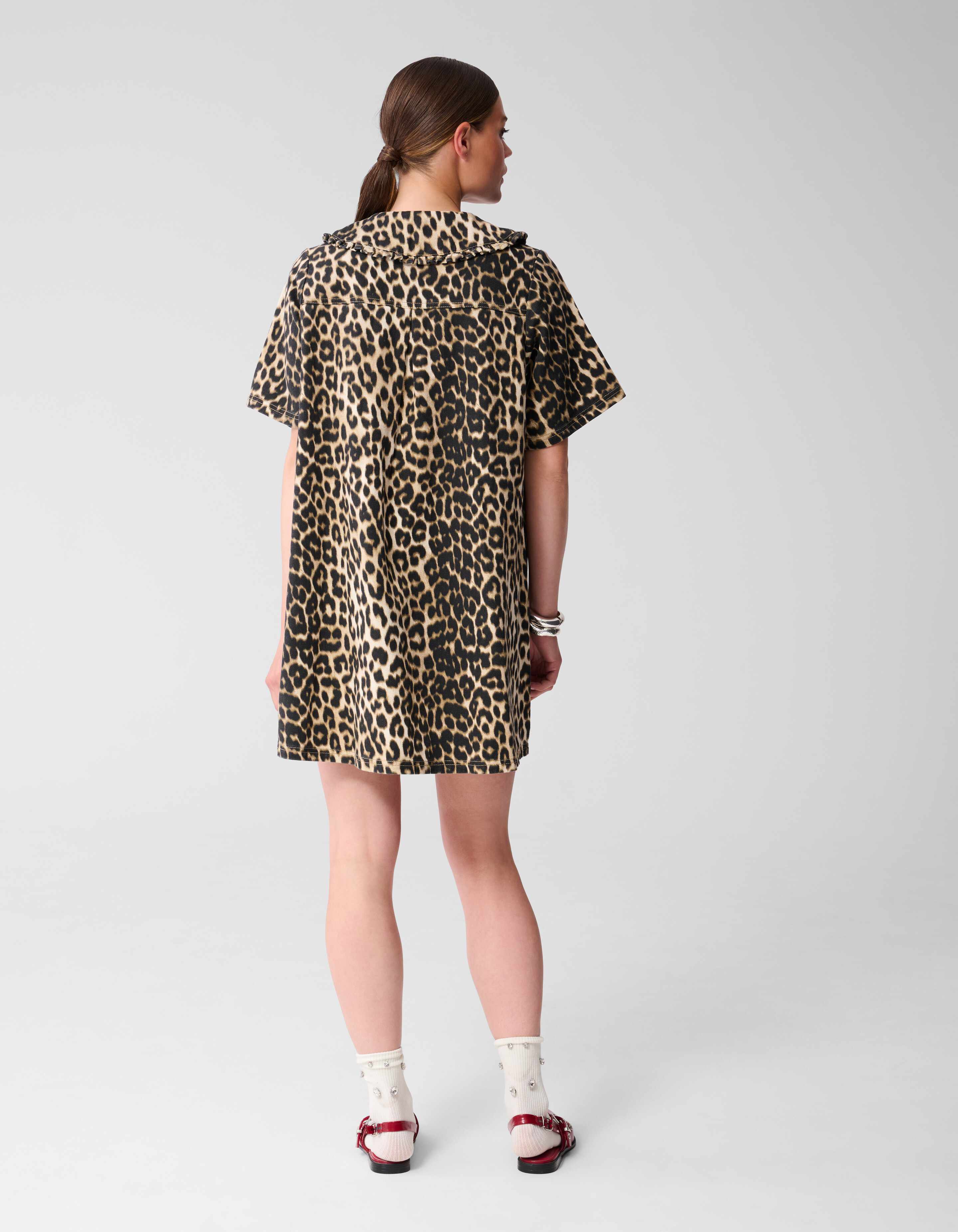 Denim Collar Leopard Midi Jurk Bruin SHOEBY WOMEN