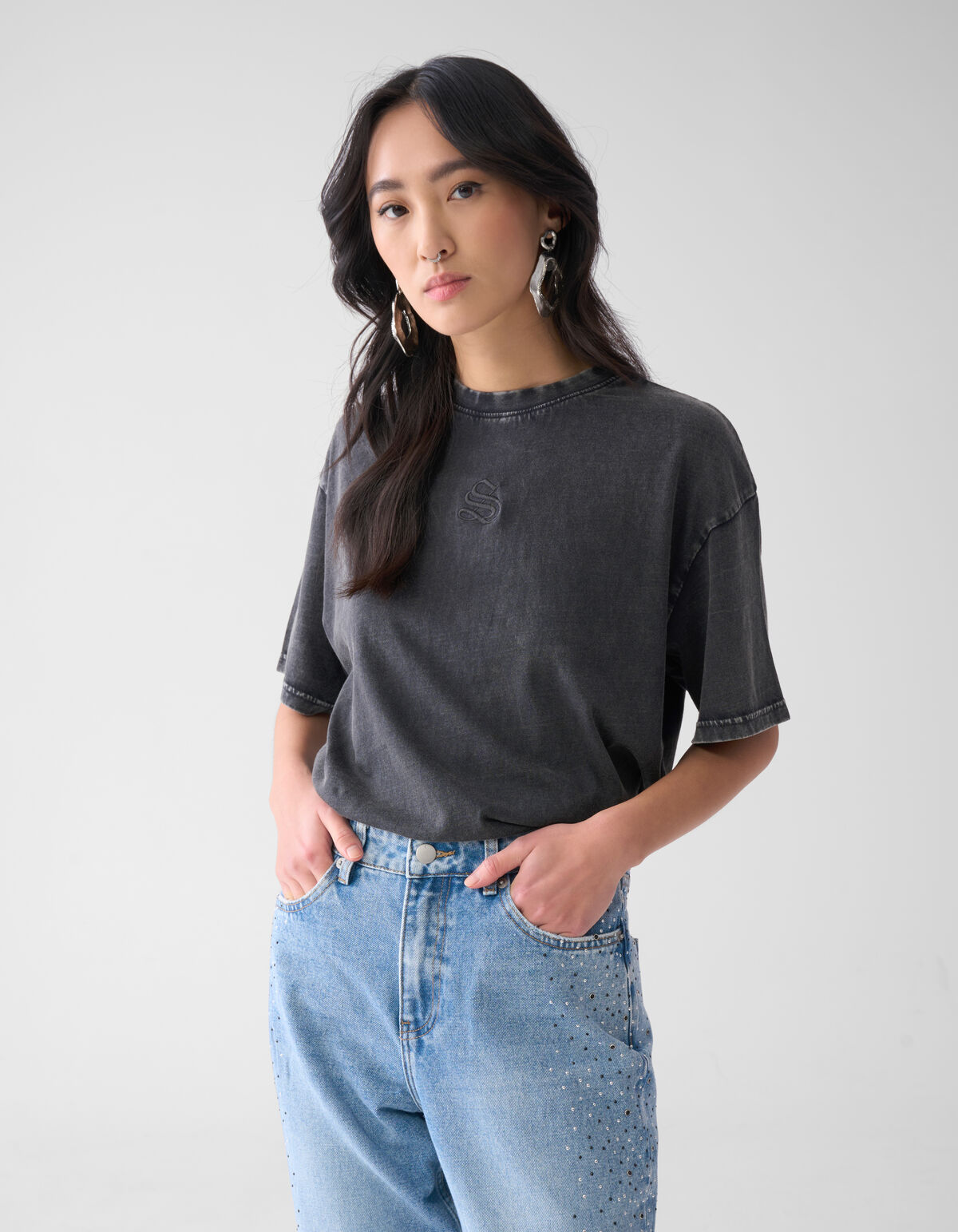 Washed Logo T-shirt Donkergrijs SHOEBY WOMEN