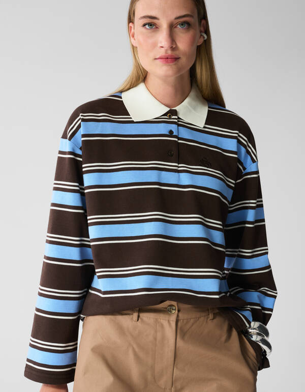 Gestreepte Polo Longsleeve Donkerbruin/Blauw SHOEBY WOMEN