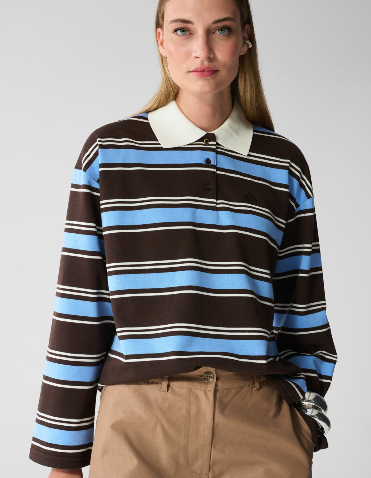 Gestreepte Polo Longsleeve Donkerbruin/Blauw SHOEBY WOMEN