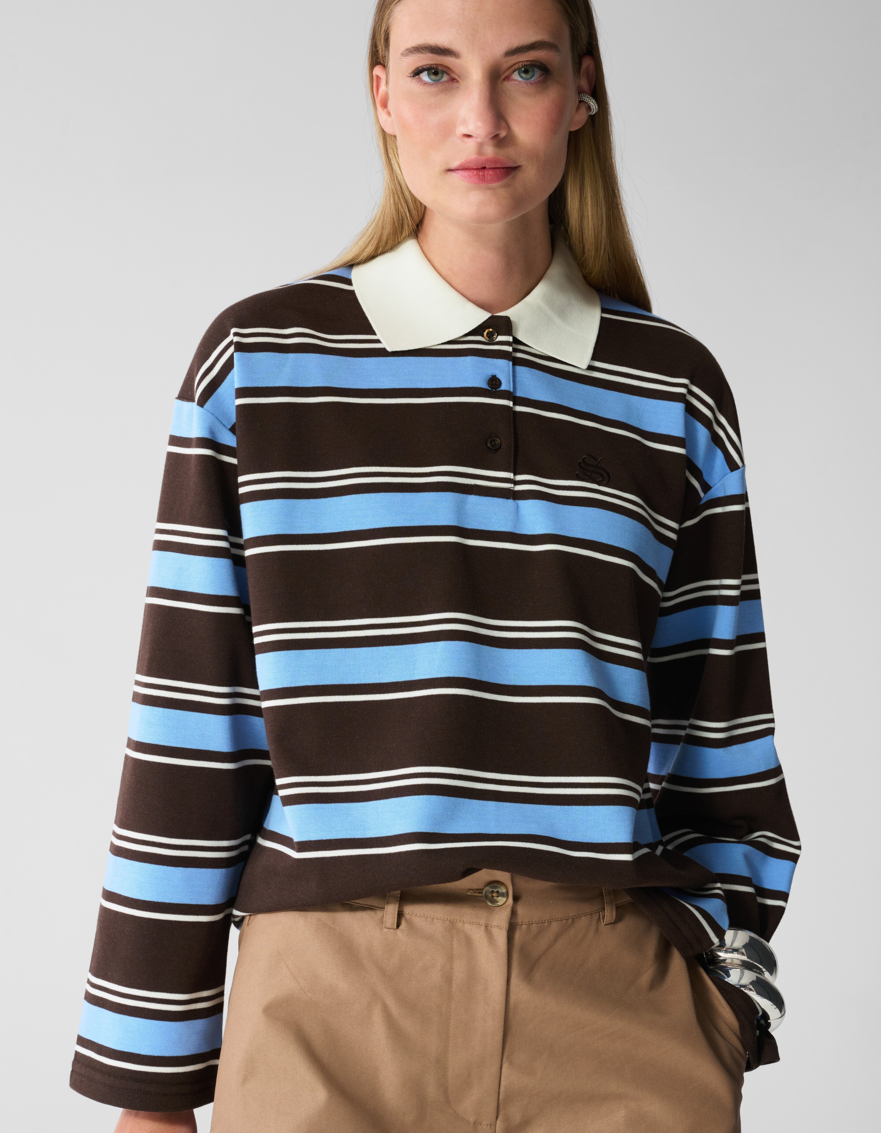 Gestreepte Polo Longsleeve Donkerbruin/Blauw SHOEBY WOMEN