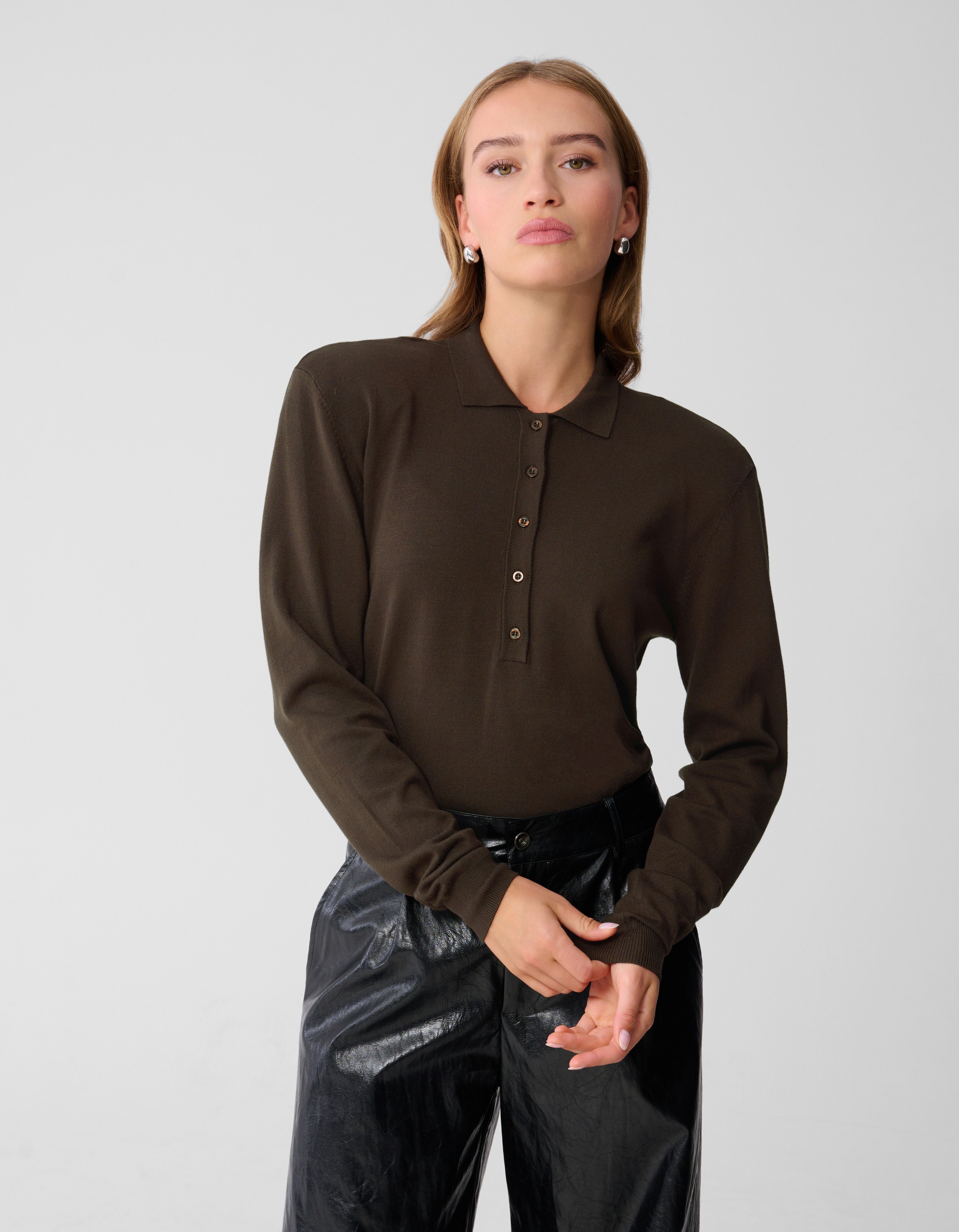 Longsleeve Polo Top Donkerbruin By Monica SHOEBY WOMEN
