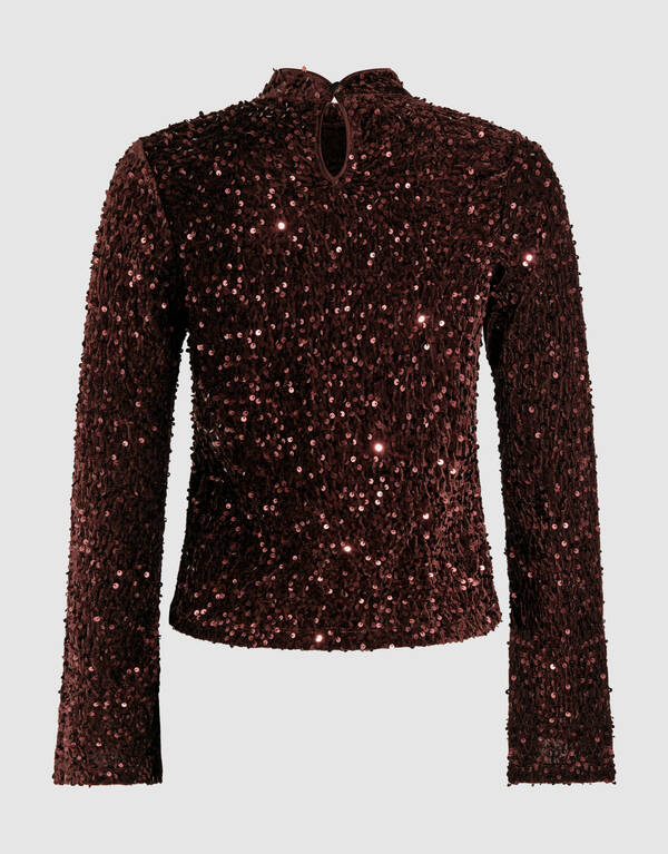 Sequin Flare Longsleeve Top Bruin SHOEBY WOMEN