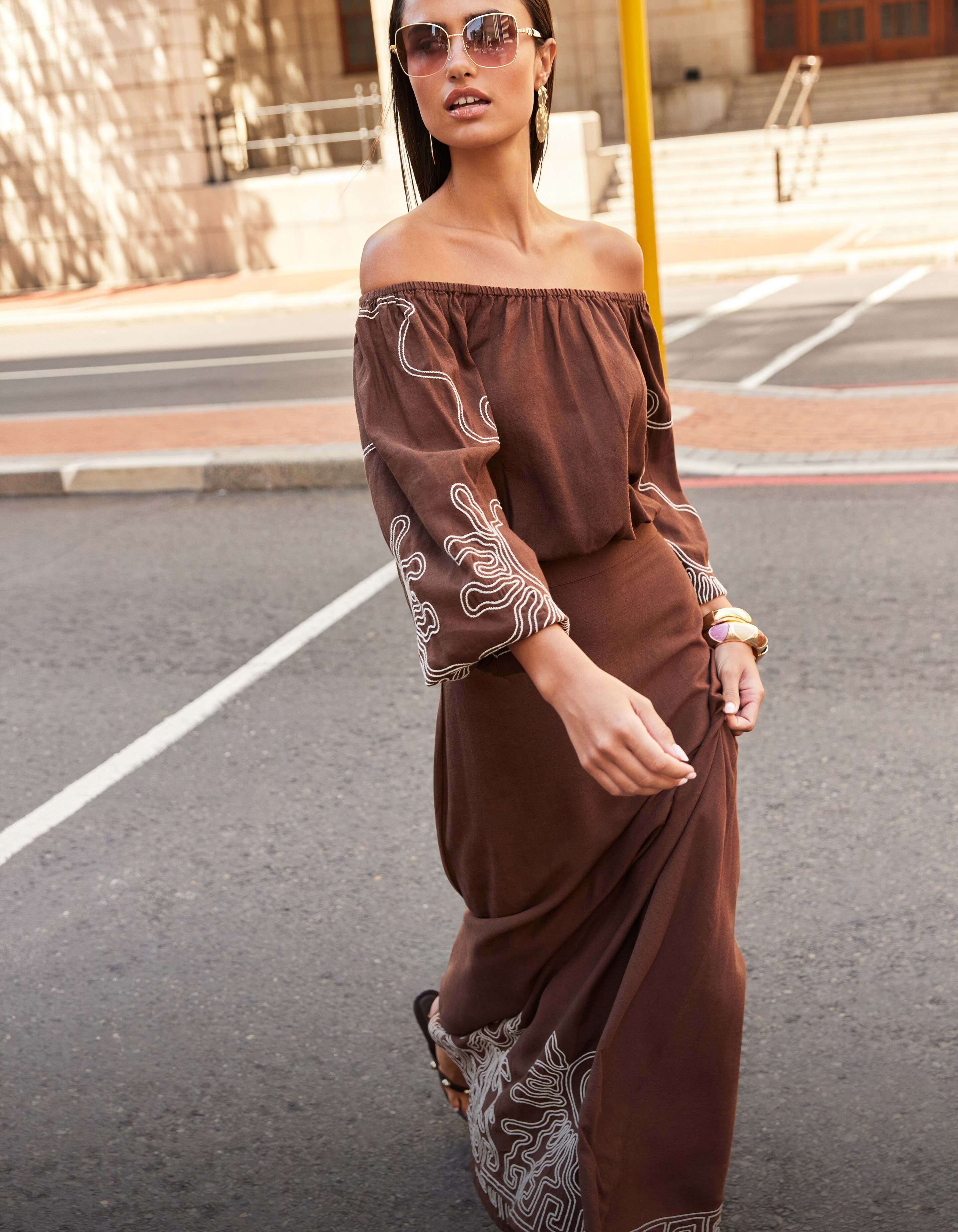 Embroidery Maxi Rok Bruin SHOEBY WOMEN