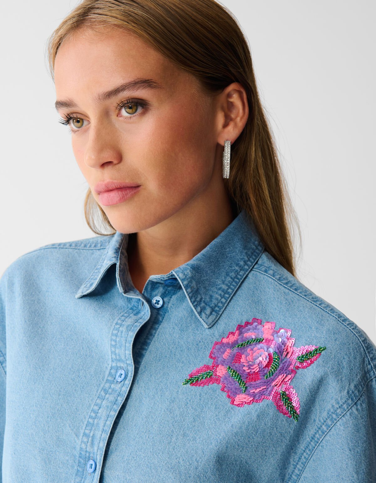 Oversized Denim Sequin Blouse Blauw SHOEBY WOMEN
