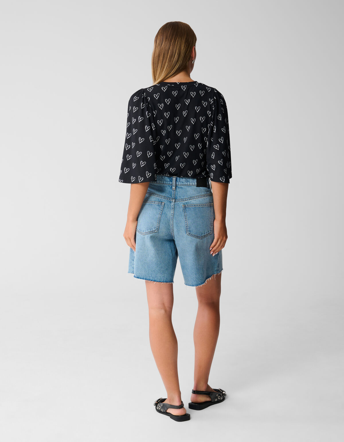 Heart Printed Rib Jersey Top Zwart SHOEBY WOMEN