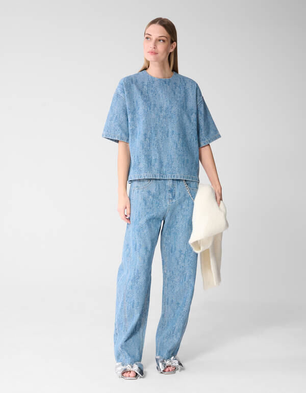 Oversized Jacquard Denim T-shirt Blauw SHOEBY WOMEN