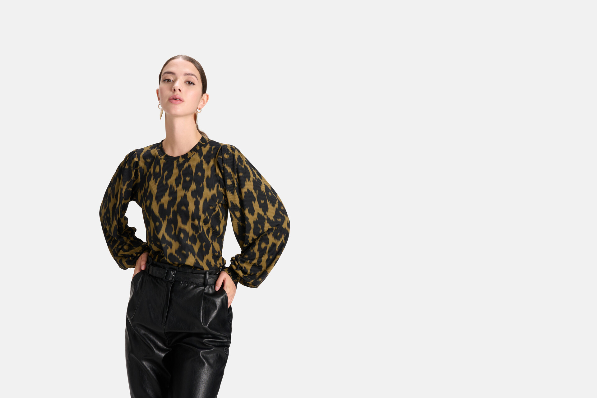 Leopard Rib T-shirt Lange Mouwen Donkergroen SHOEBY WOMEN