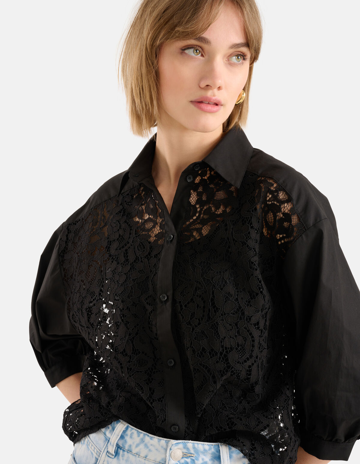 Kanten Poplin Blouse Zwart SHOEBY WOMEN