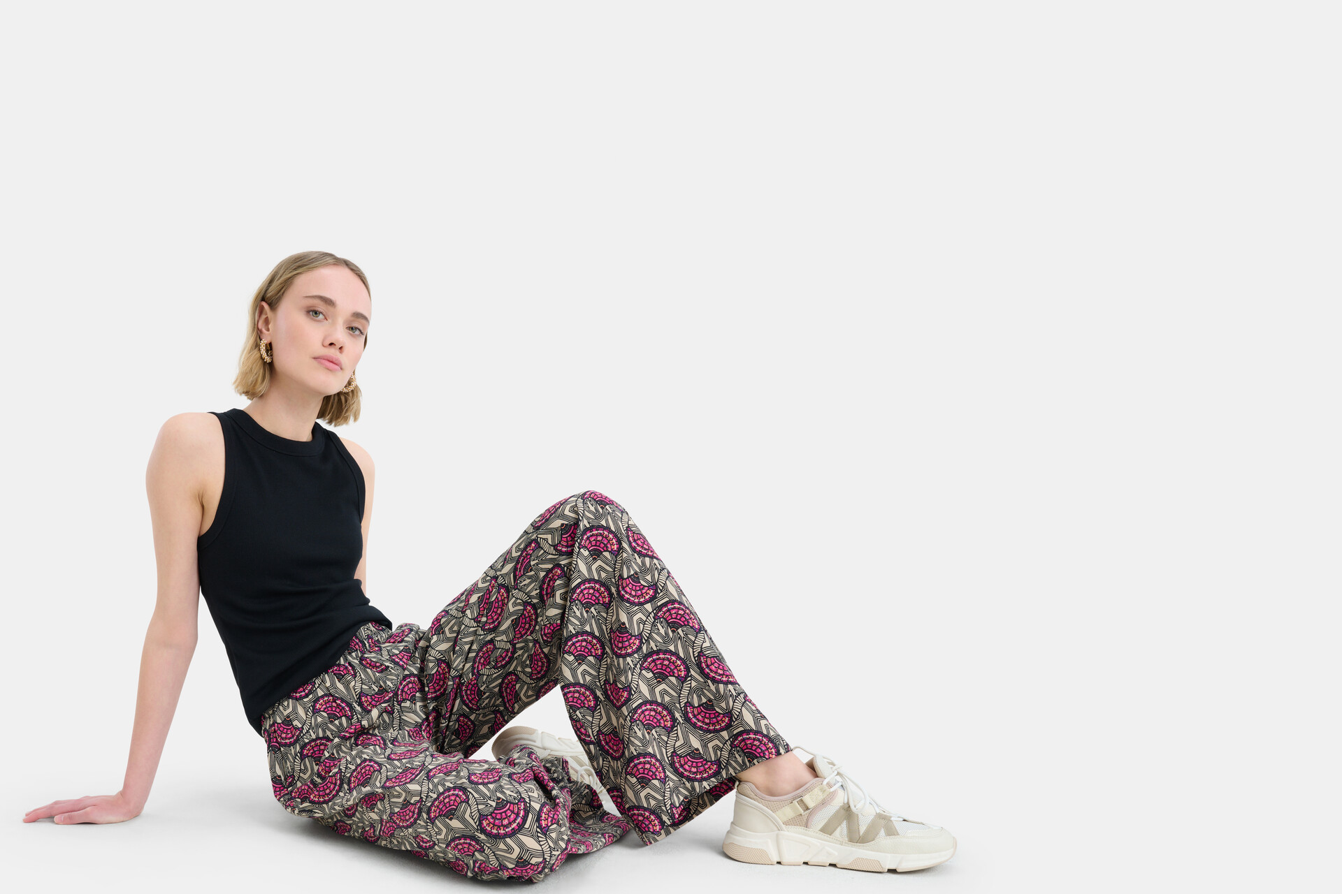 Grafische Print Wide Leg Broek Zwart Eksept