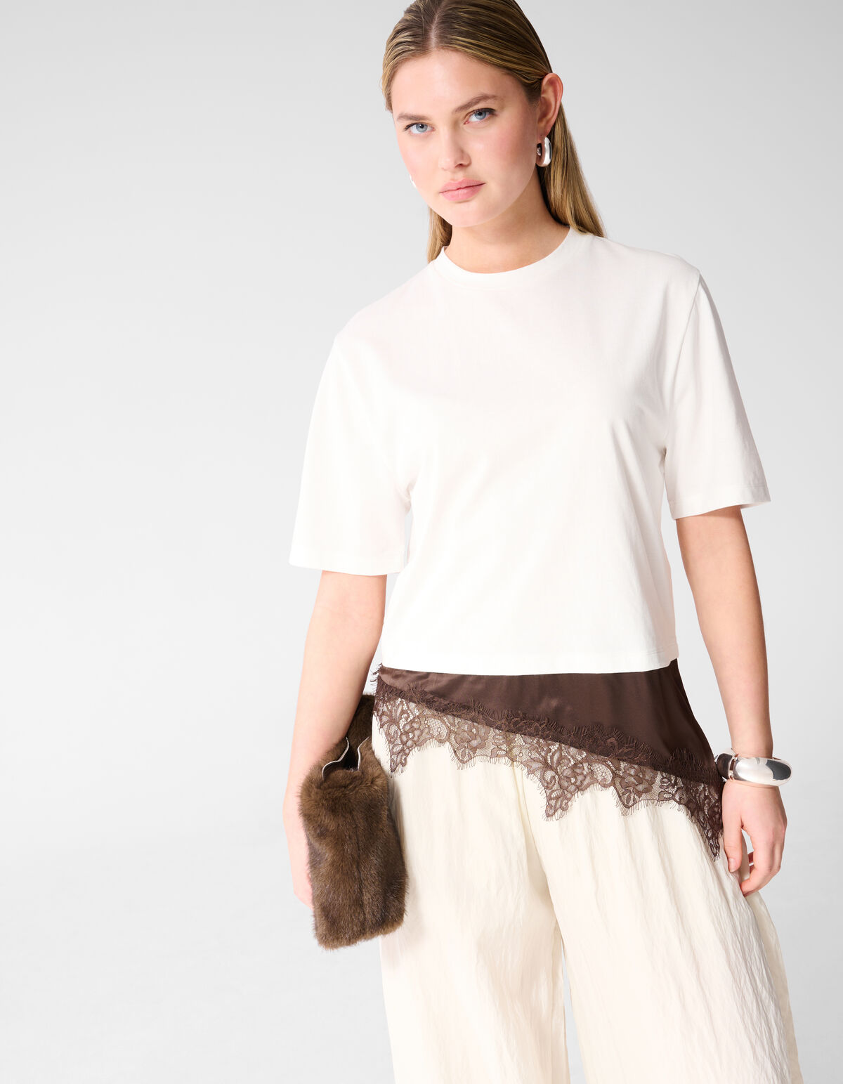Kanten Satijnen T-shirt Wit SHOEBY WOMEN