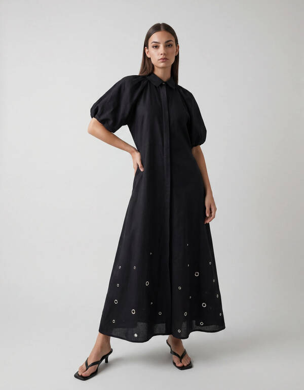 Linnen Eyelet Maxi Jurk Zwart SHOEBY WOMEN