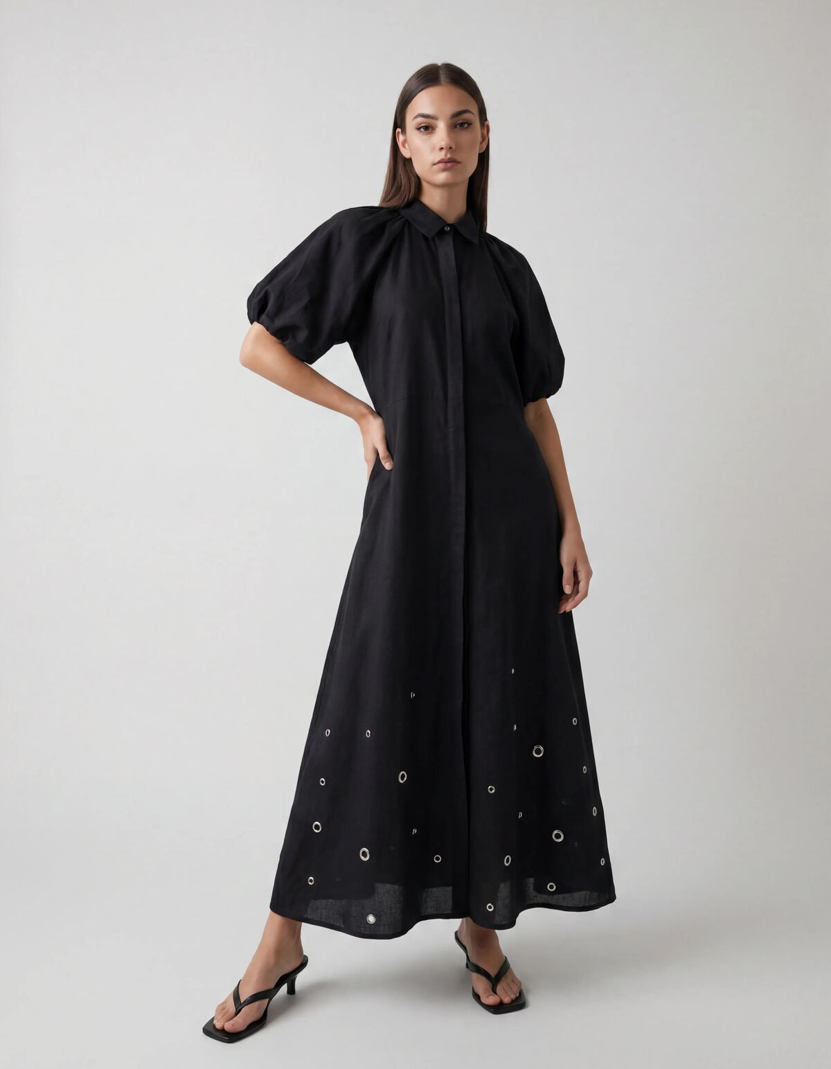 Linnen Eyelet Maxi Jurk Zwart SHOEBY WOMEN