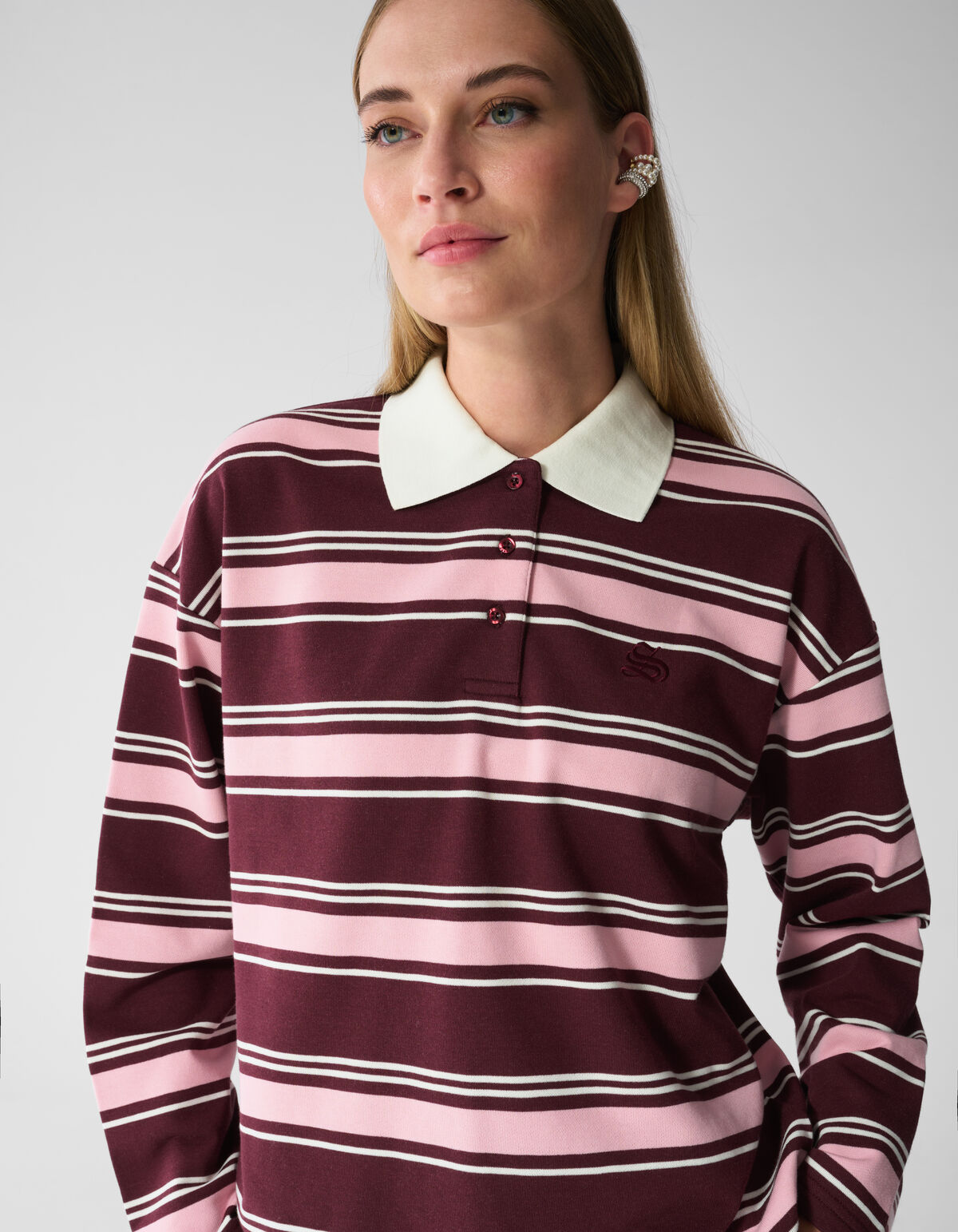 Gestreepte Polo Longsleeve Donkerrood SHOEBY WOMEN