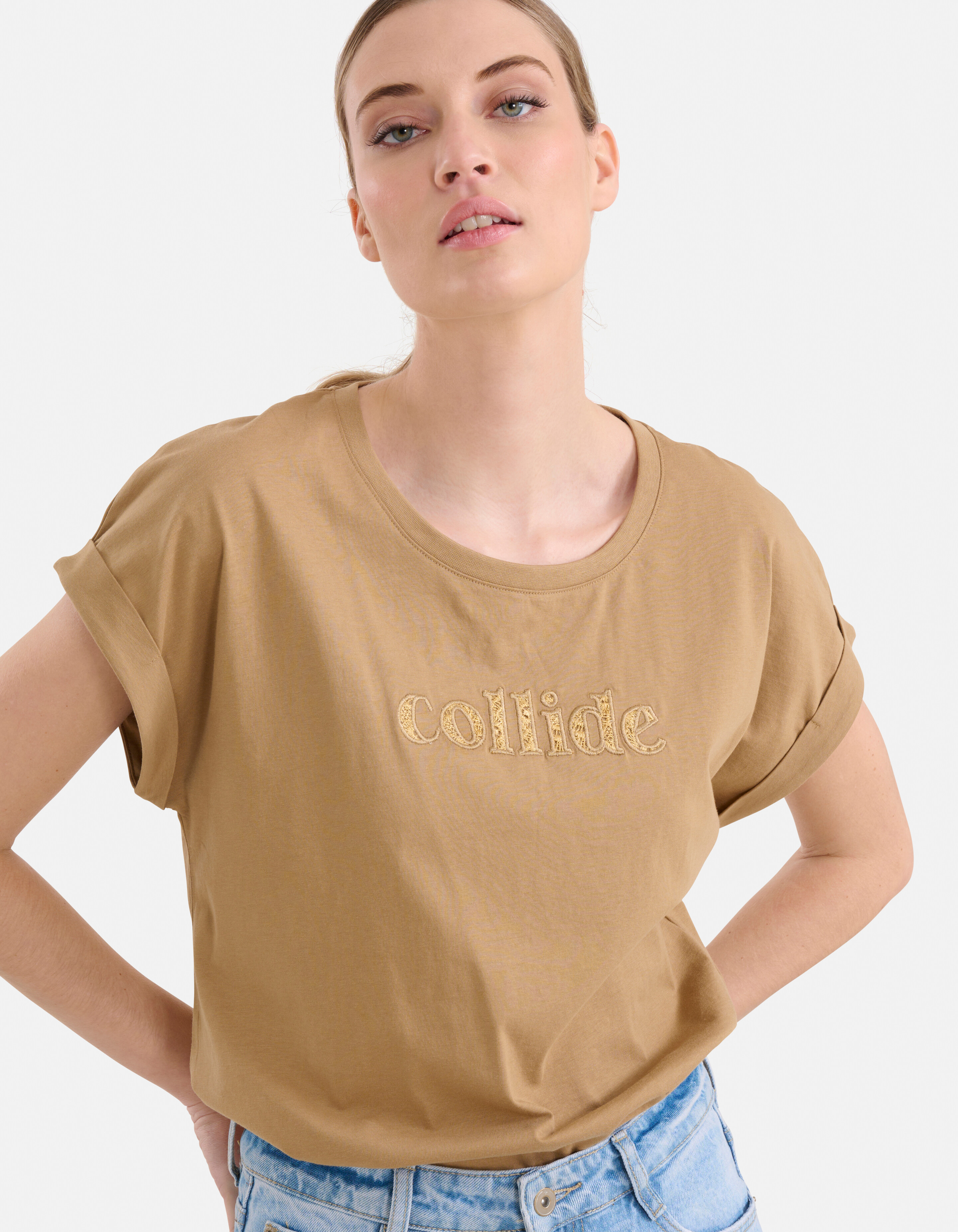 Crochet Tekst T-shirt Lichtbruin SHOEBY WOMEN