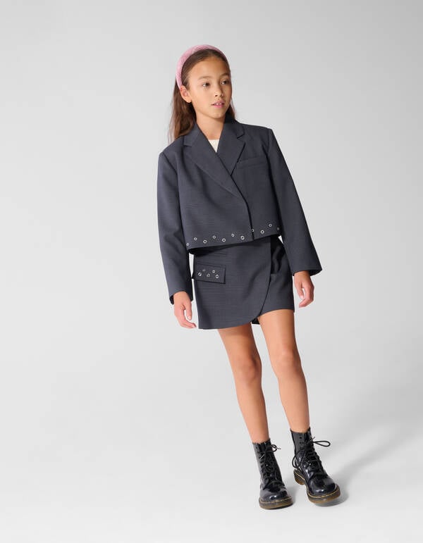 Cropped Ruiten Eyelet Blazer Donkergrijs SHOEBY GIRLS