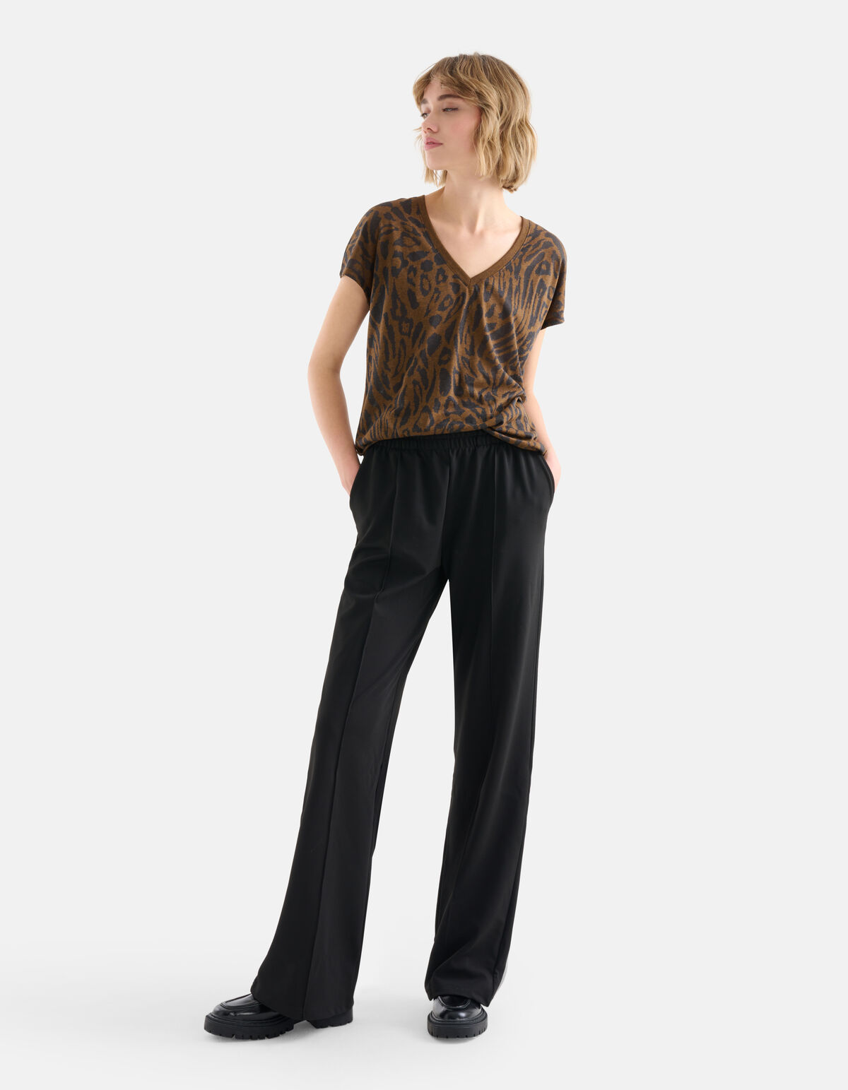 Leopard Print V-Hals T-shirt Bruin SHOEBY WOMEN