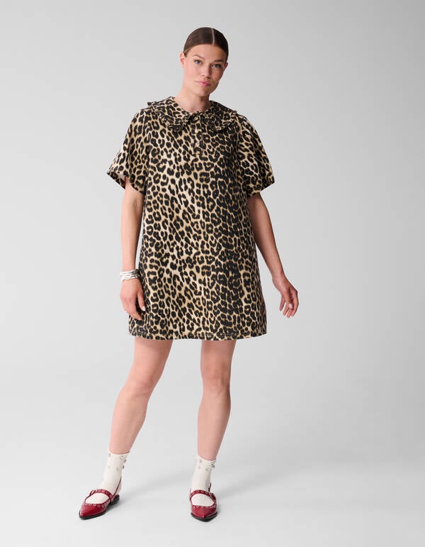 Denim Collar Leopard Midi Jurk Bruin SHOEBY WOMEN