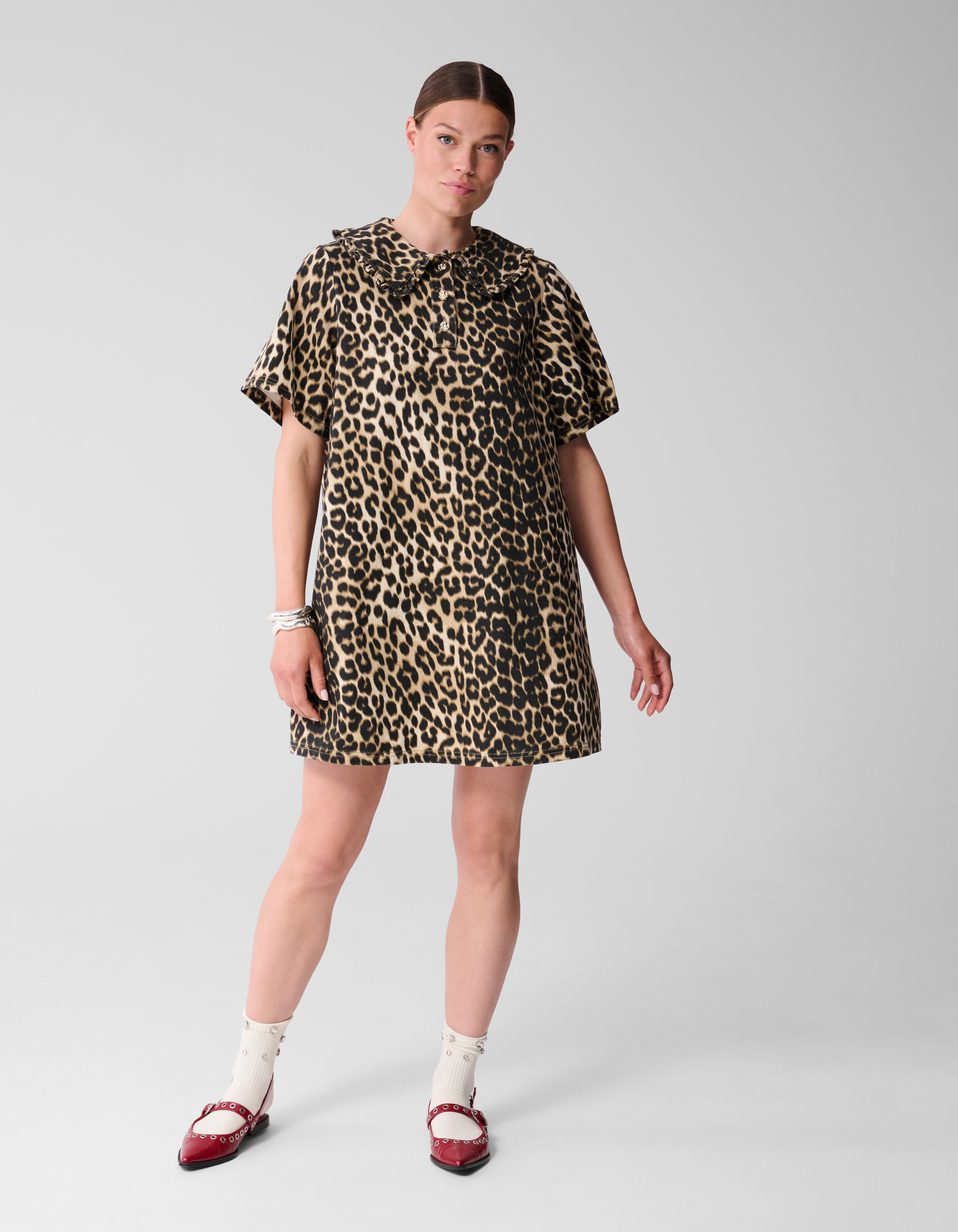 Denim Collar Leopard Midi Jurk Bruin SHOEBY WOMEN