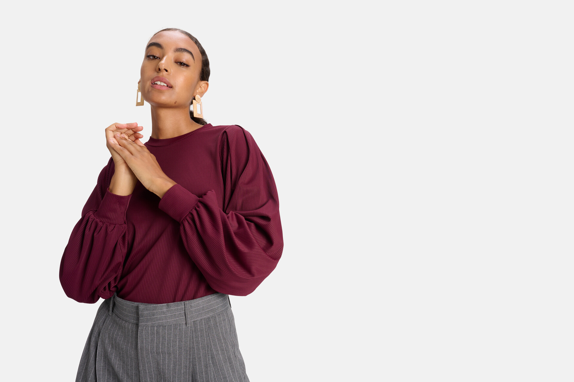 Rib Jersey Lange Mouwen T-shirt Donkerrood SHOEBY WOMEN
