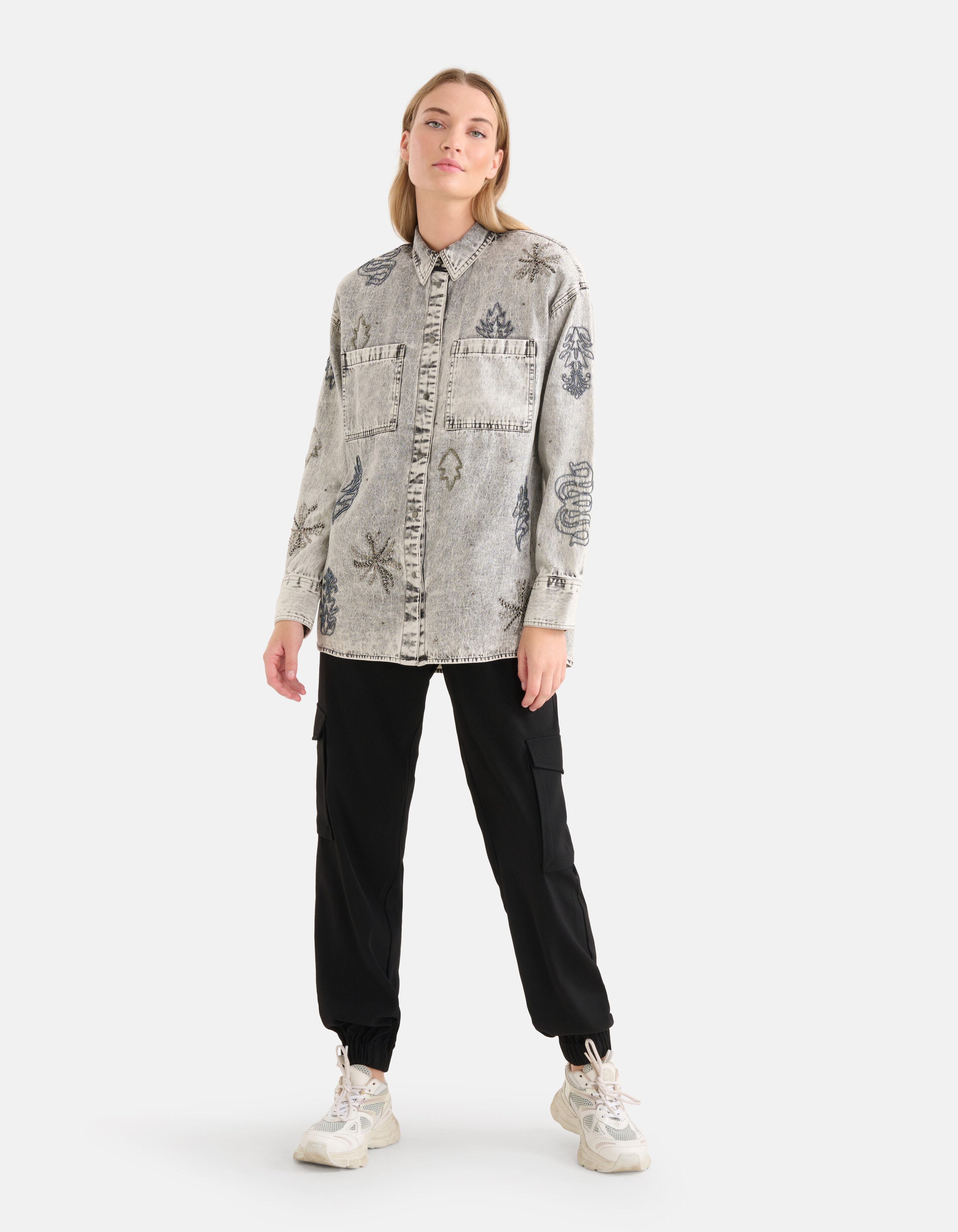 Embellished Denim Blouse Grijs SHOEBY WOMEN