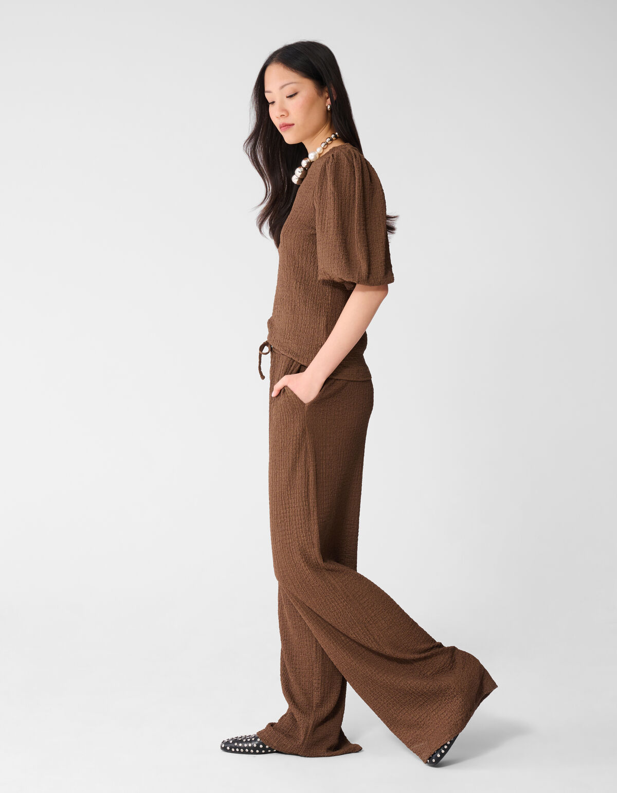 Crinkle Wide Leg Fit Broek Bruin SHOEBY WOMEN