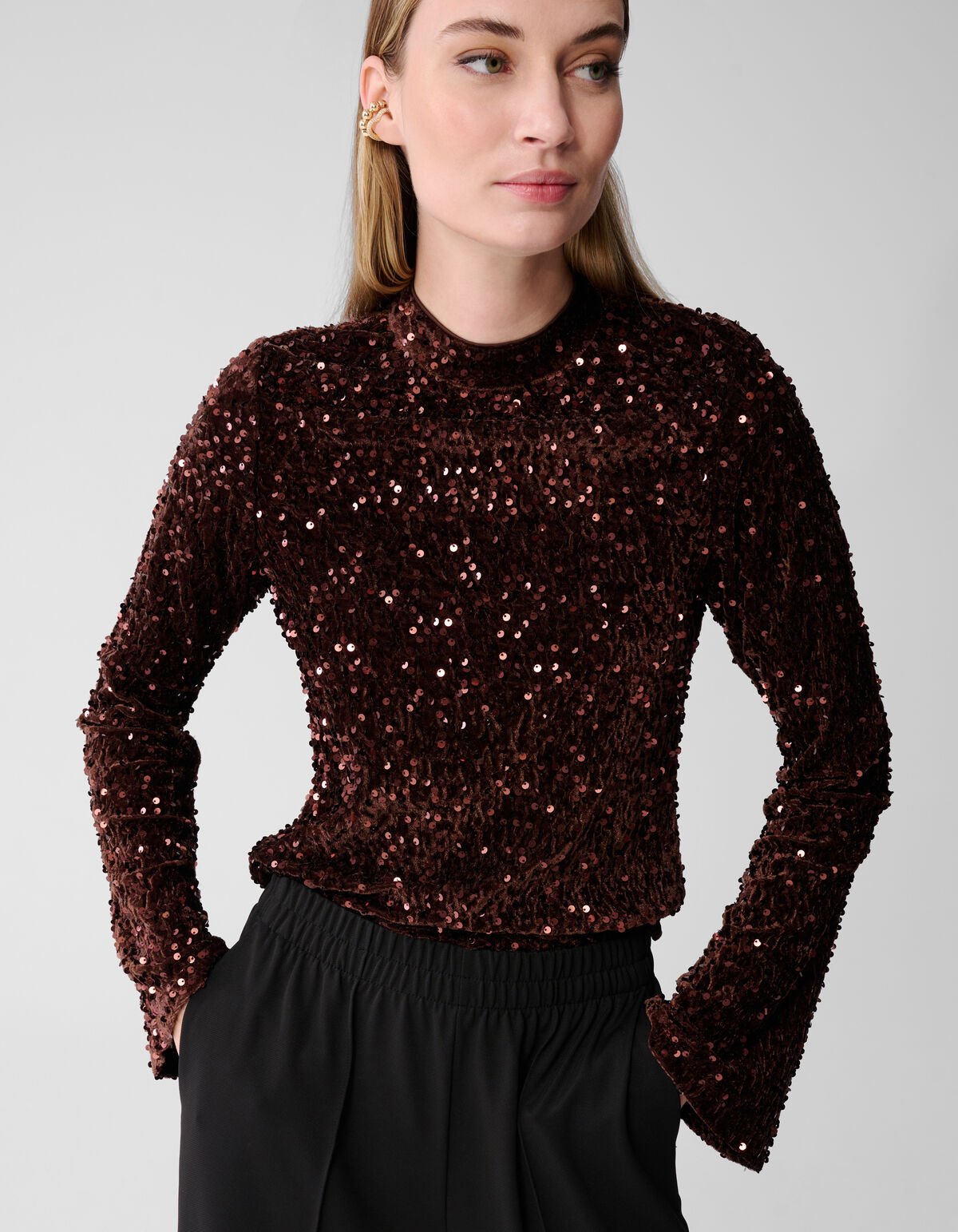 Sequin Flare Longsleeve Top Bruin SHOEBY WOMEN