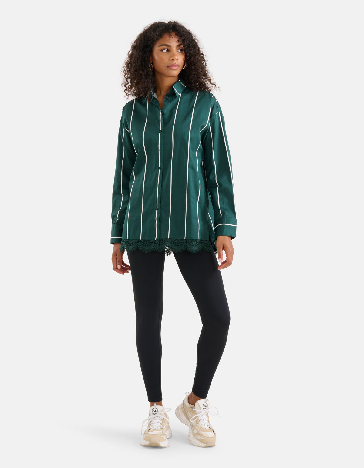 Kanten Pinstripe Blouse Donkergroen SHOEBY WOMEN