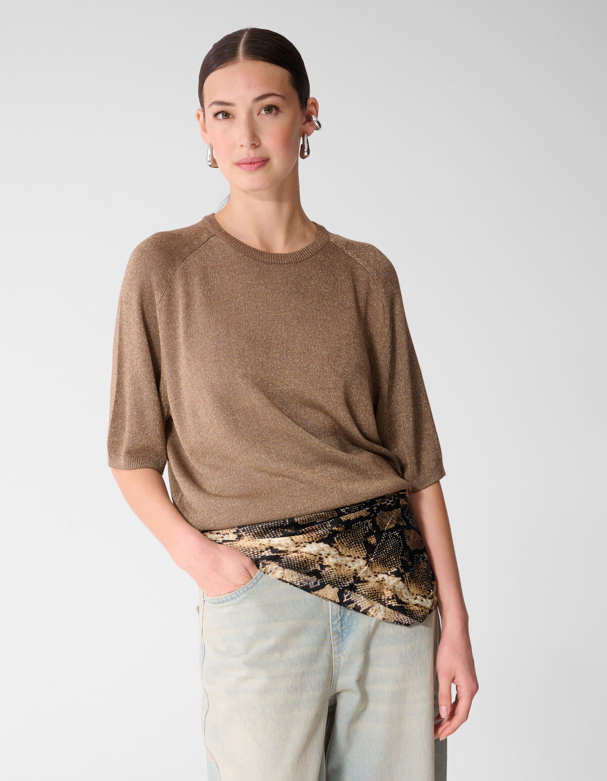 Short Sleeve Glitter Trui Bruin SHOEBY WOMEN