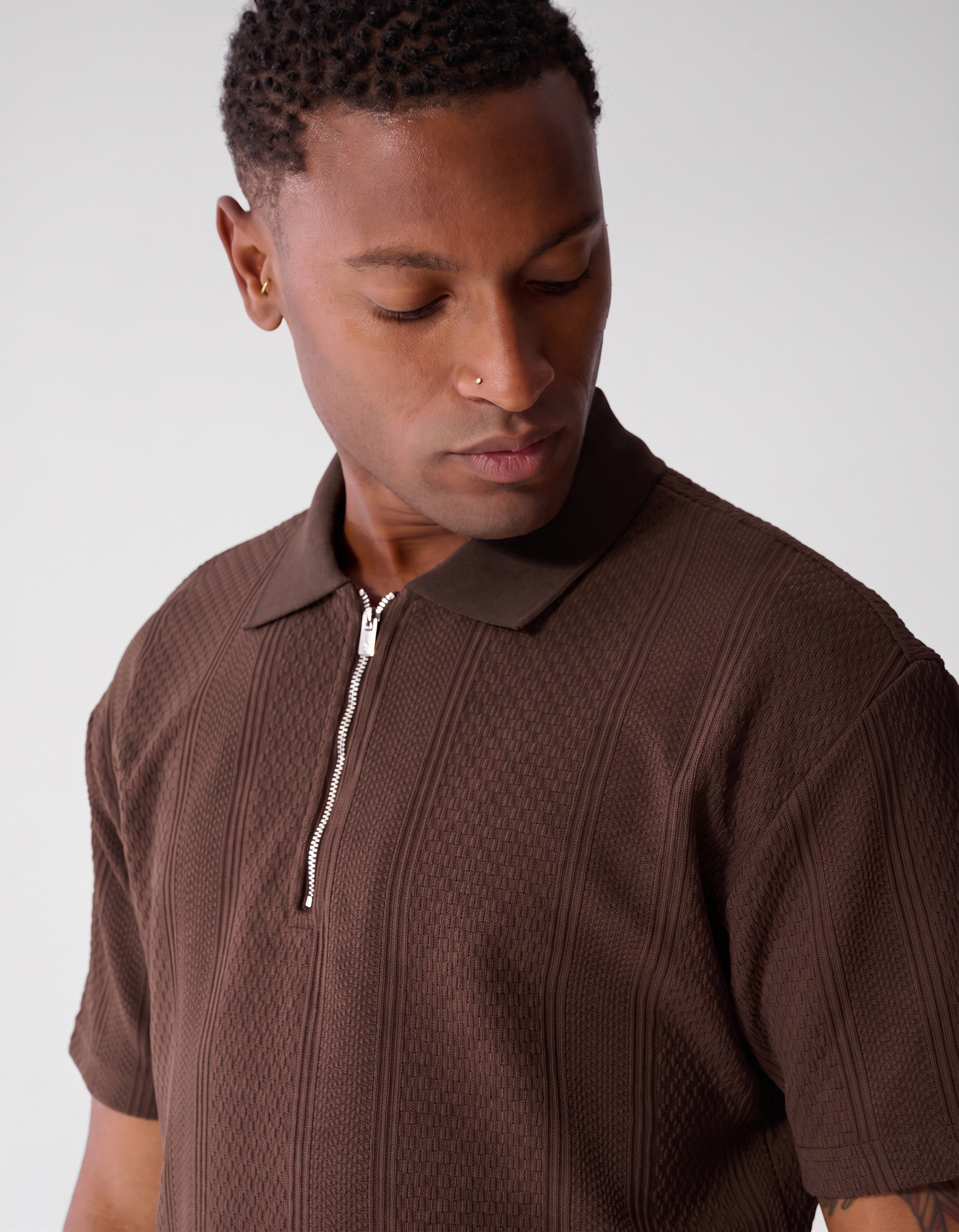 Stripe Structuur Zip Polo Donkerbruin SHOEBY MEN