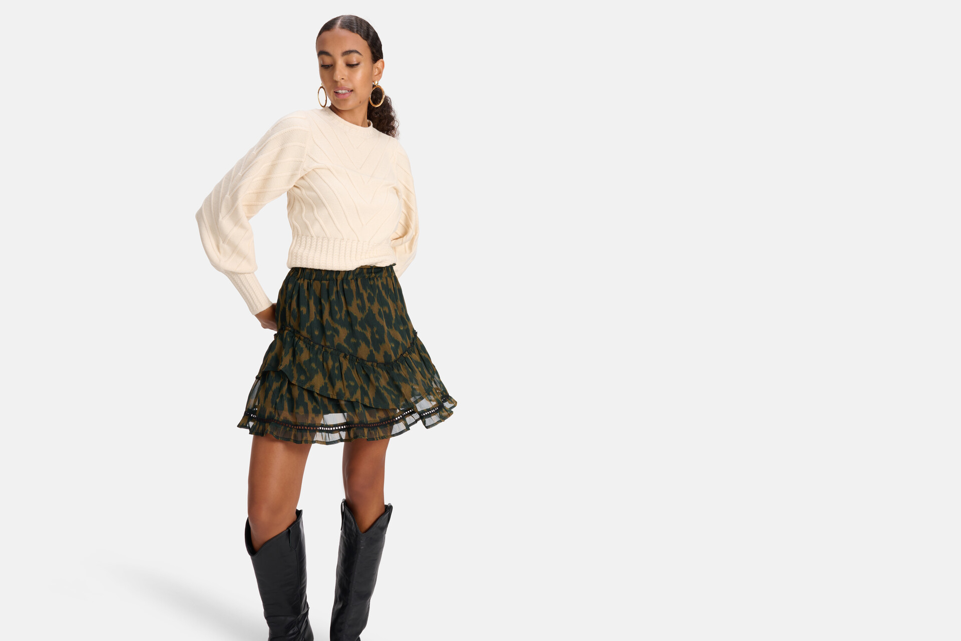Leopard Ruffle Rok Groen SHOEBY WOMEN