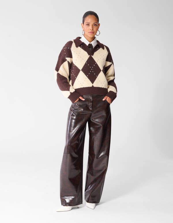 Relaxed Fit Ruiten Trui Bruin/Ecru SHOEBY WOMEN