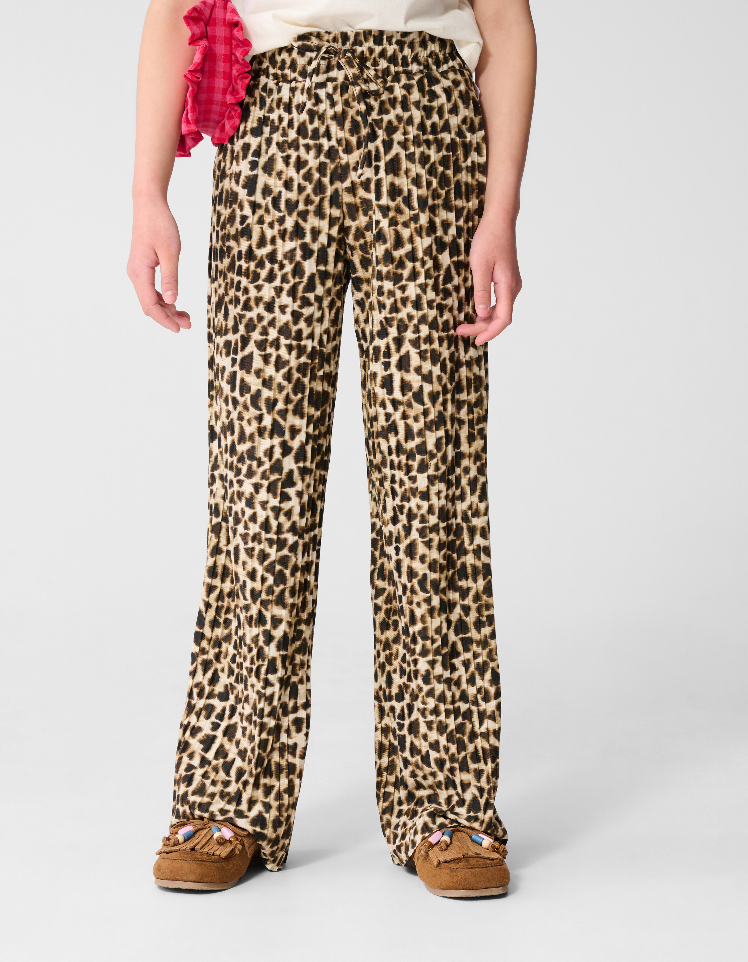 Leopard Pliss&eacute; Wide Leg Broek Lichtbruin SHOEBY GIRLS