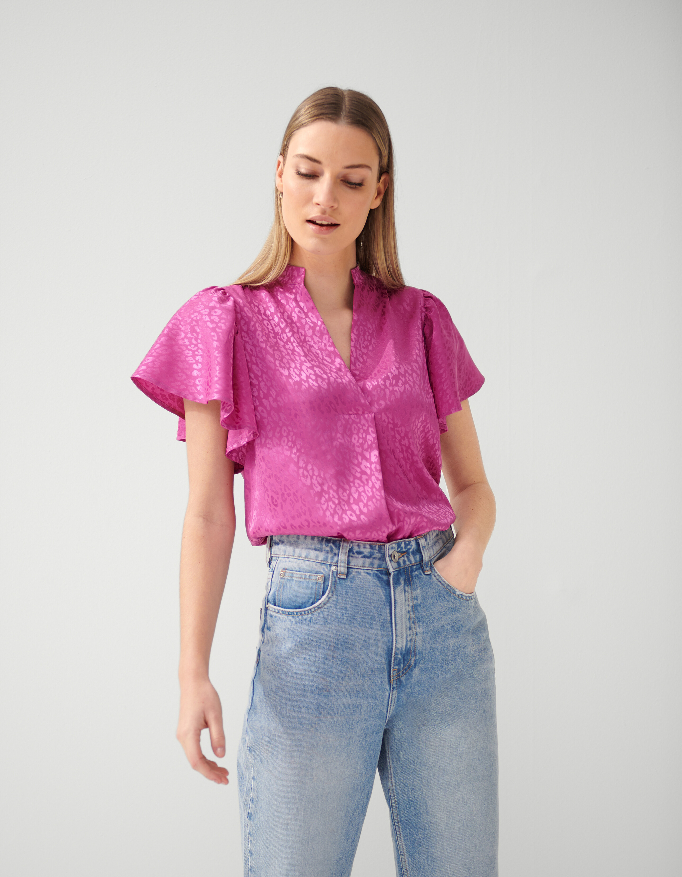 Jacquard Ruffle Blouse Roze SHOEBY WOMEN