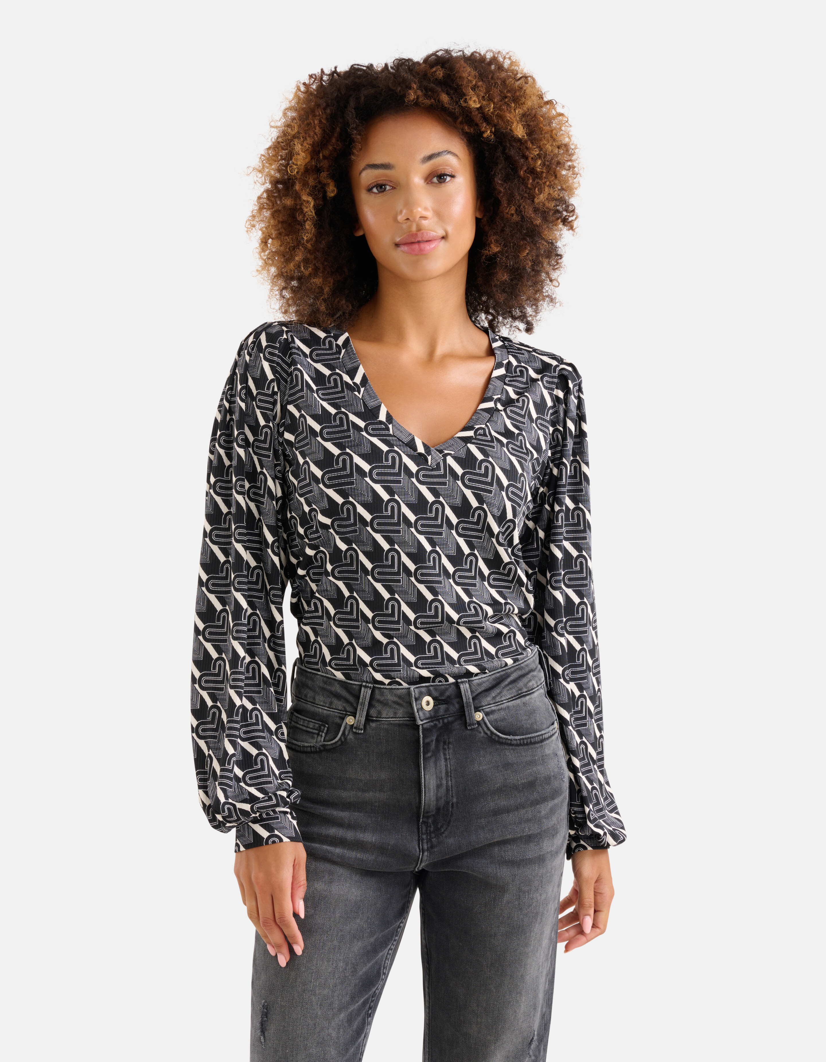 Printed Rib Longsleeve Zwart/Wit SHOEBY WOMEN