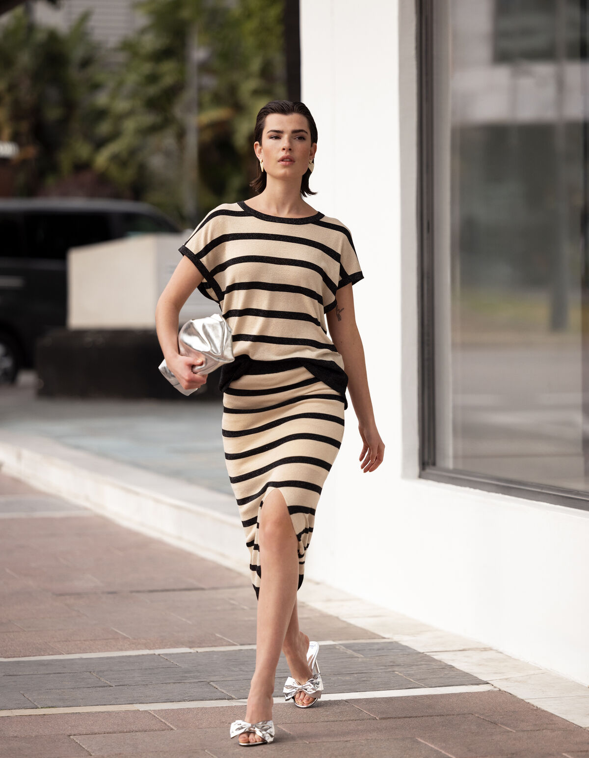 Glitter Gestreepte Midi Rok Gebroken Wit/Zwart SHOEBY WOMEN