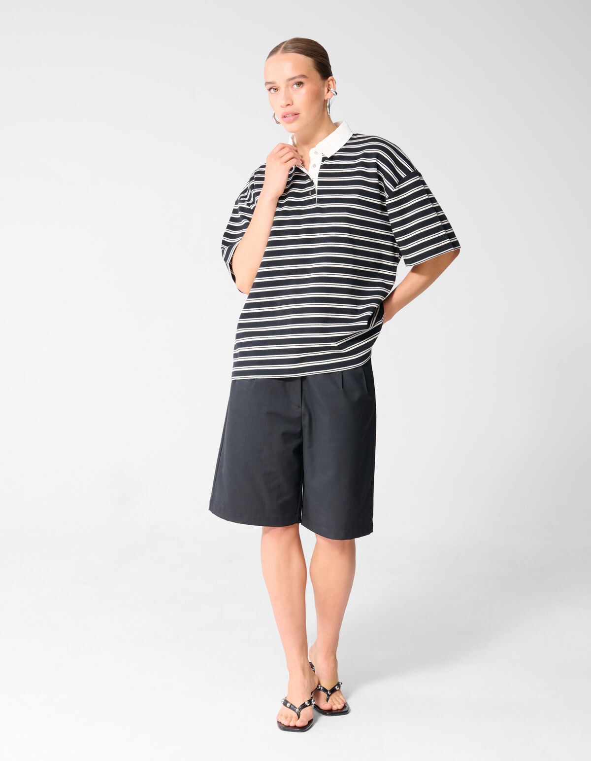 Oversized Stripe Short Sleeve Polo Zwart SHOEBY WOMEN