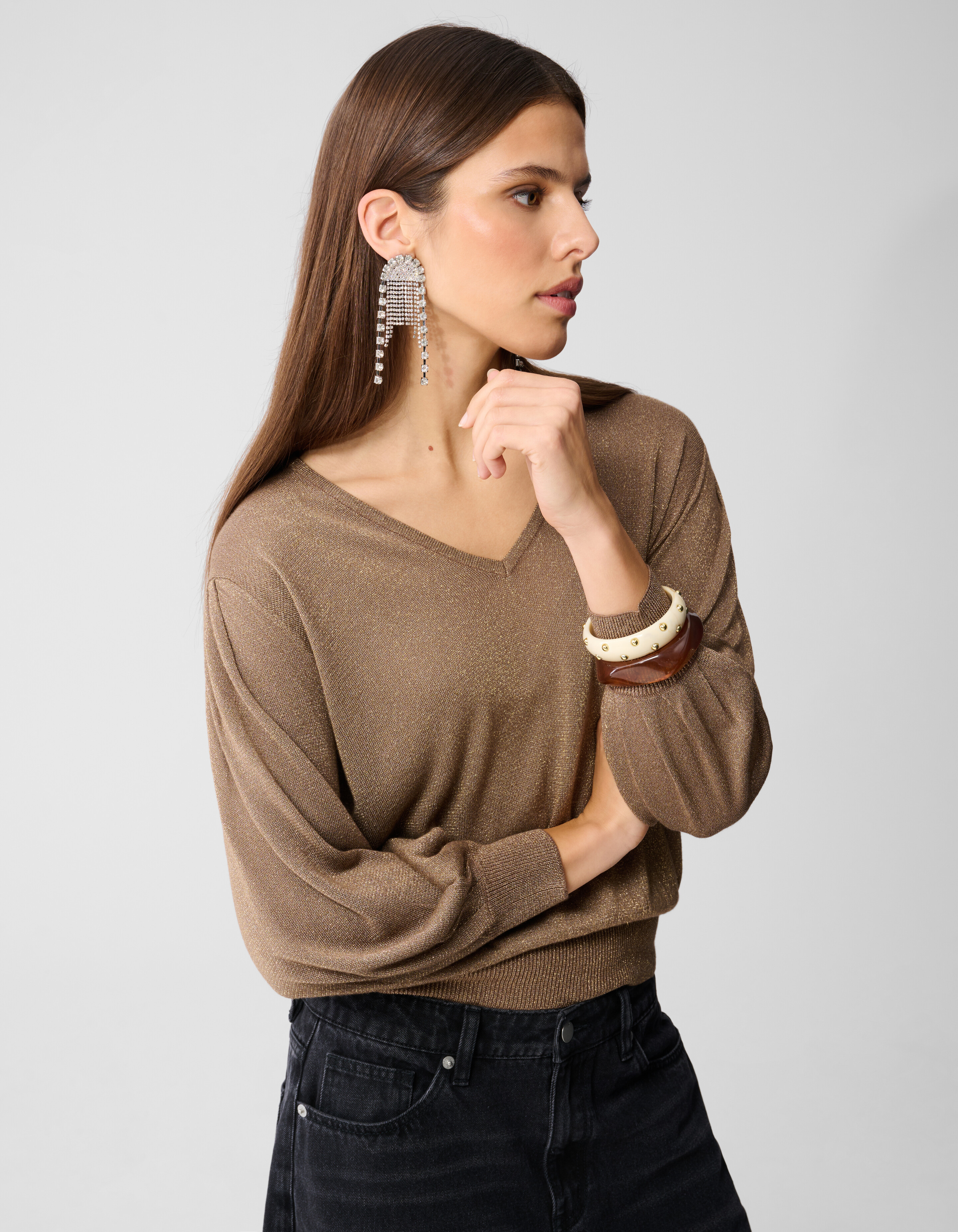 Glitter V-hals Trui Bruin SHOEBY WOMEN