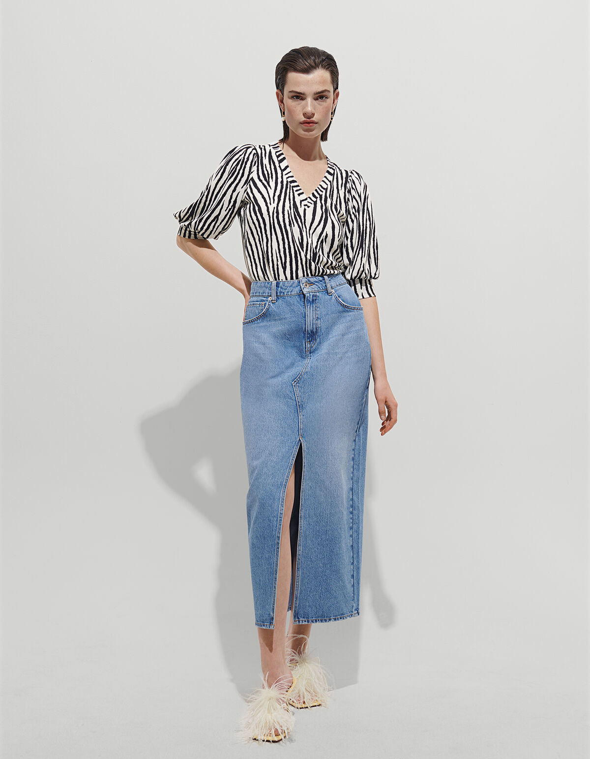 Printed Rib V-hals Top Zwart/Wit SHOEBY WOMEN