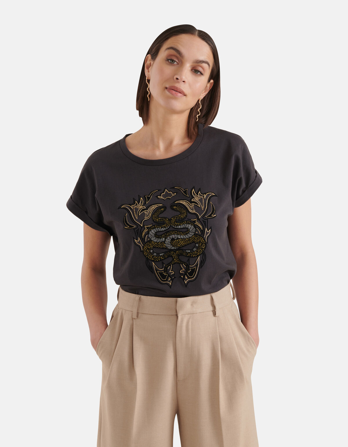 Slangen Embroidery Print T-shirt Donkergrijs SHOEBY WOMEN