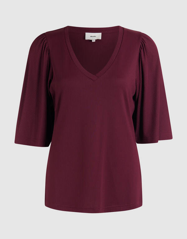 Ruffle Rib Top Donkerrood SHOEBY WOMEN