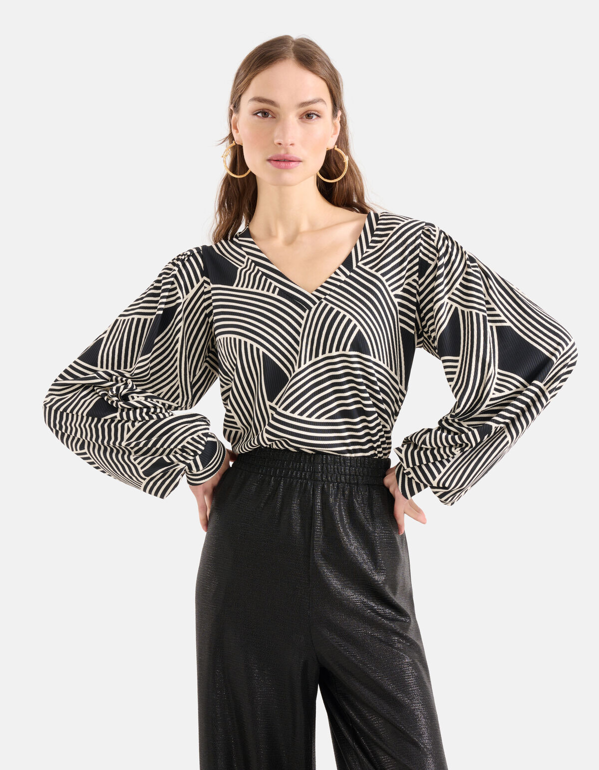 Printed Rib Jersey V-hals Longsleeve Zwart SHOEBY WOMEN