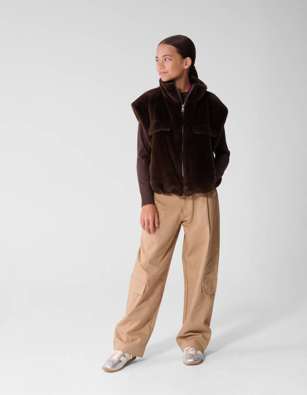 Faux Fur Cargo Gilet Donkerbruin SHOEBY GIRLS