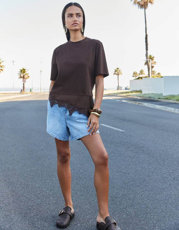 Kanten Satijnen T-shirt Bruin SHOEBY WOMEN