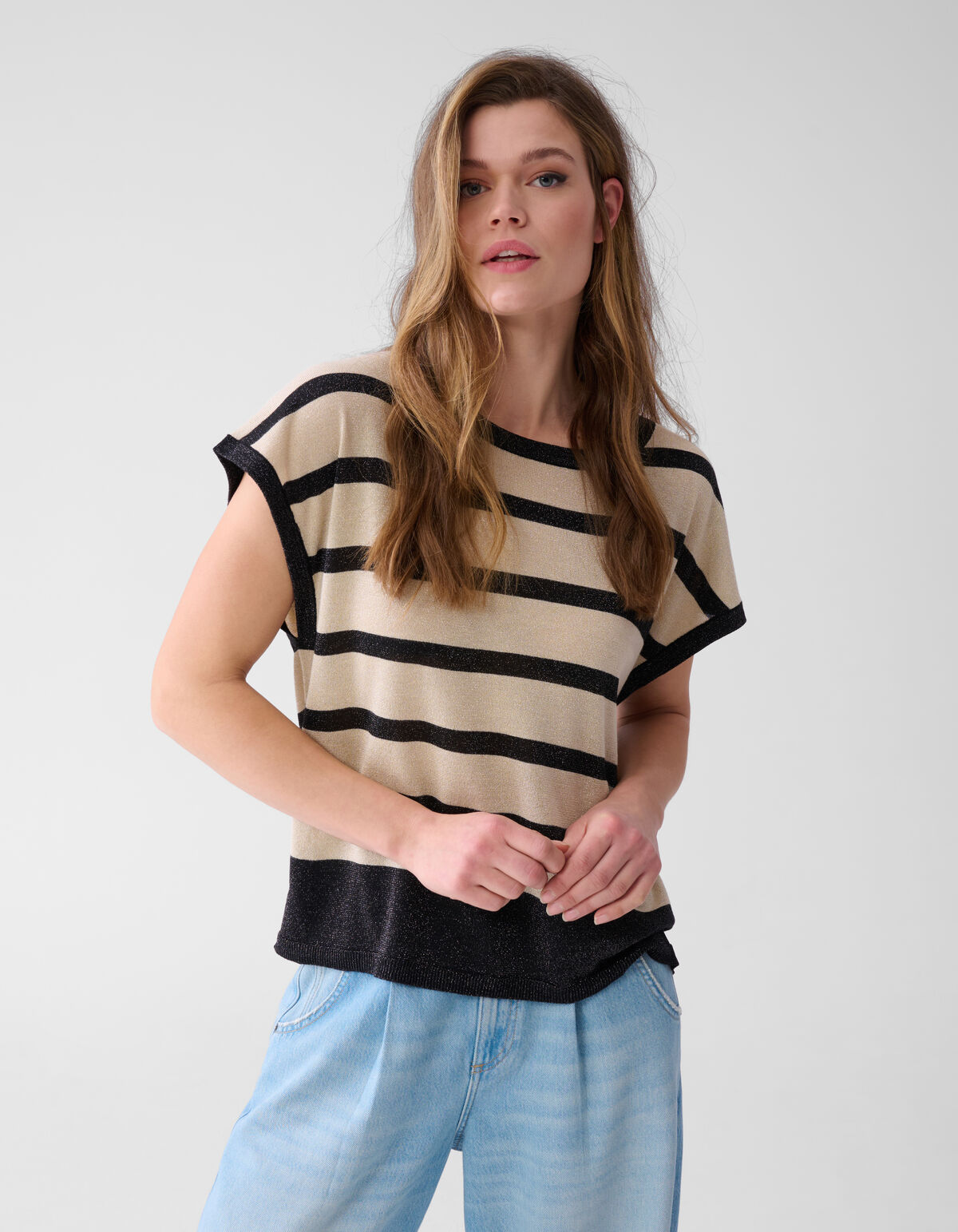 Glitter Gestreept T-shirt Gebroken Wit/Zwart SHOEBY WOMEN