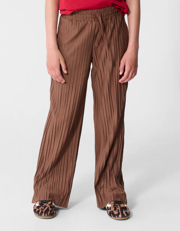 Pliss&eacute; Wide Leg Broek Bruin SHOEBY GIRLS