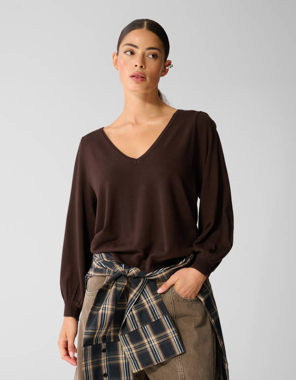 Gebreide V-neck Trui Donkerbruin SHOEBY WOMEN