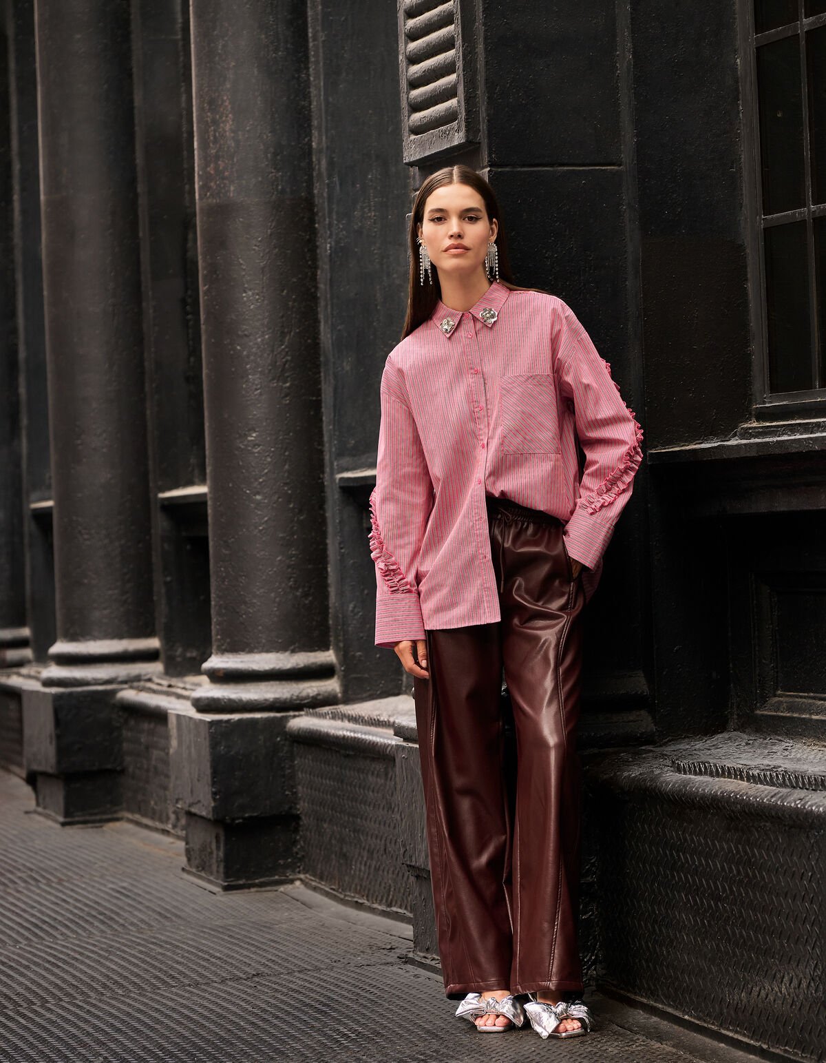 Oversized Pinstripe Flower Blouse Lichtroze SHOEBY WOMEN