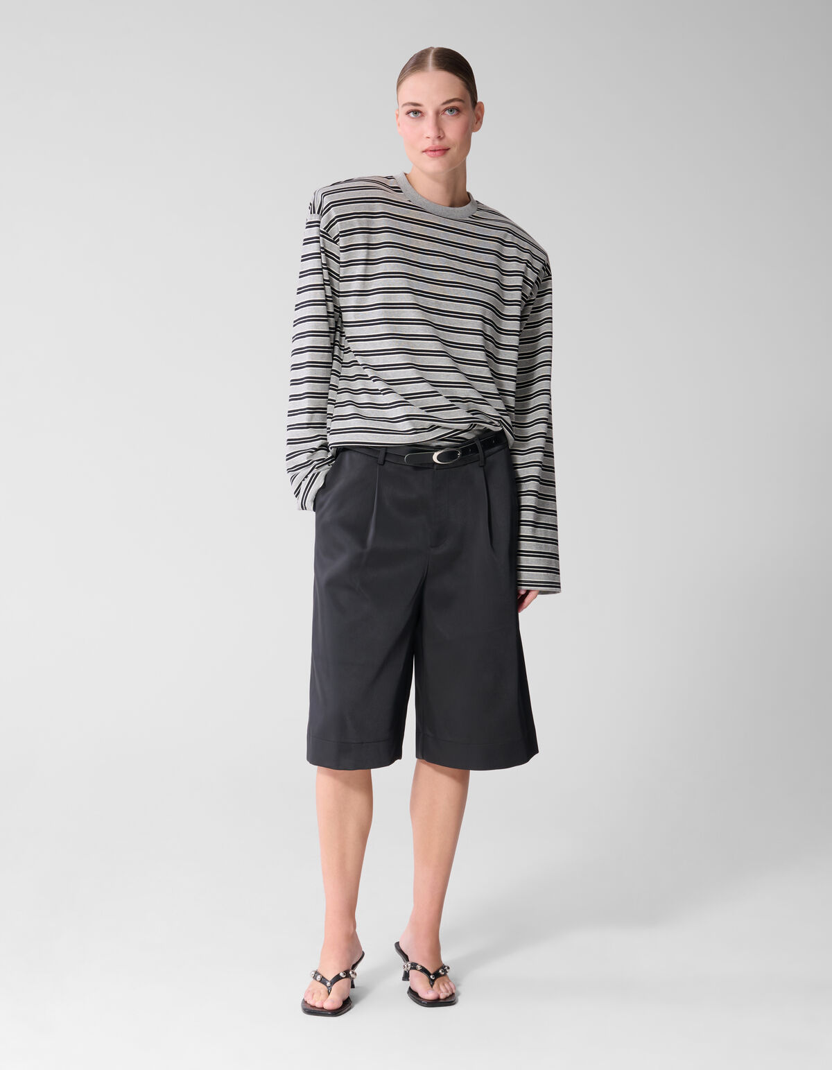 Shoulder Stripe Longsleeve T-shirt Grijs/Zwart SHOEBY WOMEN