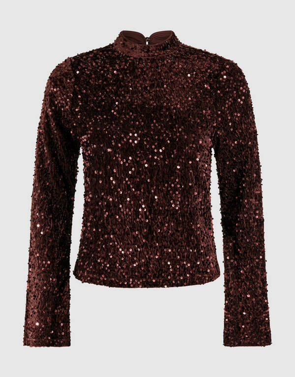 Sequin Flare Longsleeve Top Bruin SHOEBY WOMEN